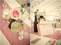 Picnic style - gingham runners like tableclothes where couple met