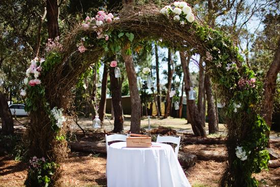 Outdoor Wedding, Arch with mason jars hanging off it