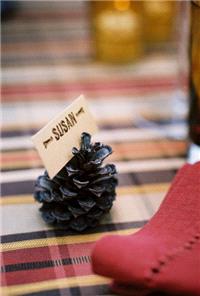 Decor & Event Styling. Pine cones are plentiful, simple and cost-effective place cards.