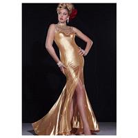 Marvelous Tulle & Gold Cloth High Collar Neckline Mermaid Slit Evening Dresses With Beadings & Rhine