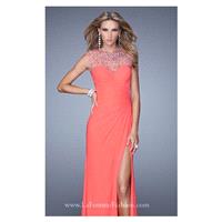 Pink Grapefruit Beaded Slit Gown by La Femme - Color Your Classy Wardrobe