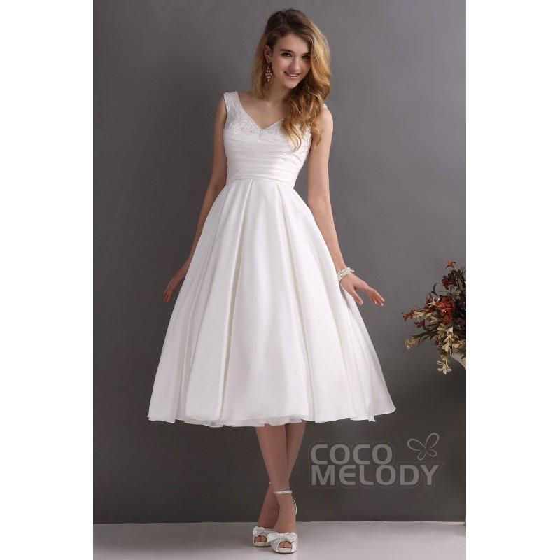 My Stuff, Elegant A-Line V-Neck Tea Length Satin Wedding Dress CWXA13001 - Top Designer Wedding Onli