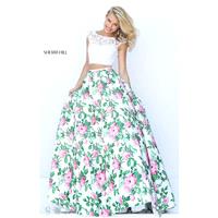 Ivory/Pink Print Sherri Hill 50492 - 2-piece Ball Gowns Cap Sleeves Dress - Customize Your Prom Dres