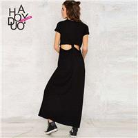 Black high waist dropped waist dresses women's summer fashion short sleeve cut Halter dress - Bonny