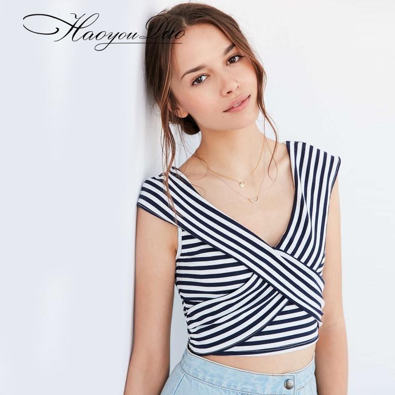 My Stuff, Sexy Cross Blue-and-white striped v neck summer 2017 new navel-baring cropped t-shirt tops