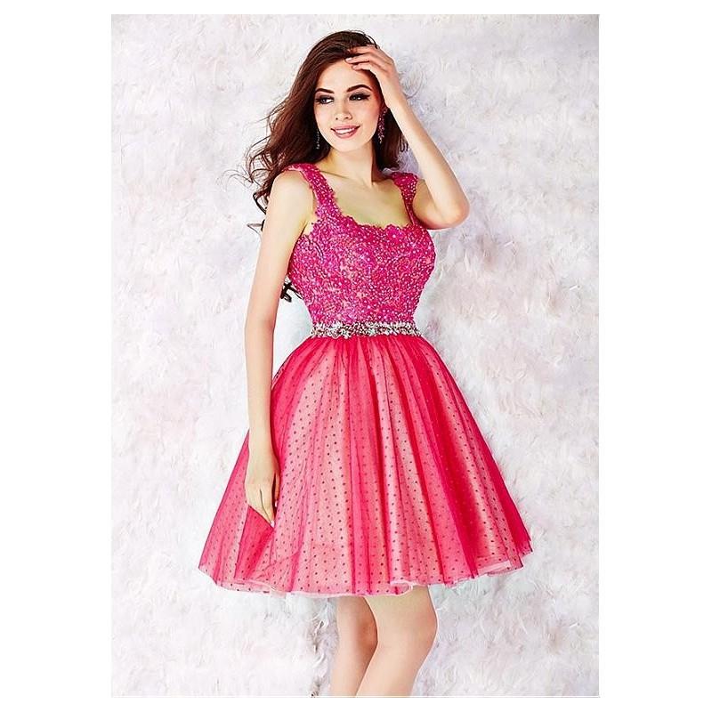 My Stuff, Fantastic Polka Dot Tulle Square Neckline A-line Homecoming Dresses With Beadings & Rhines