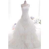 Chic A-line One Shoulder Train Tulle Ivory Sleeveless Zipper Wedding Dress CWZT14035 - Top Designer