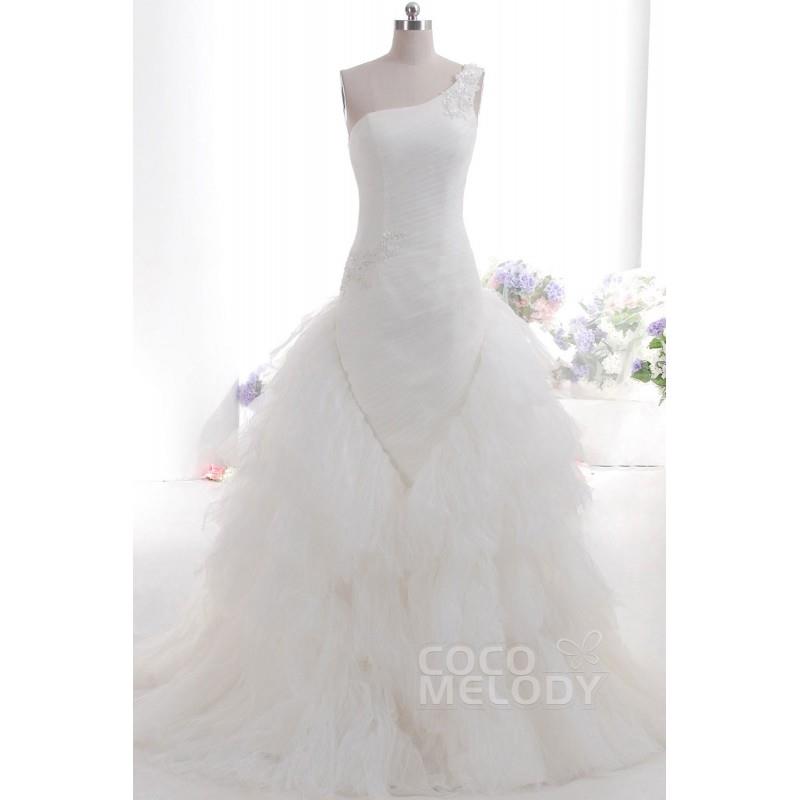 My Stuff, Chic A-line One Shoulder Train Tulle Ivory Sleeveless Zipper Wedding Dress CWZT14035 - Top