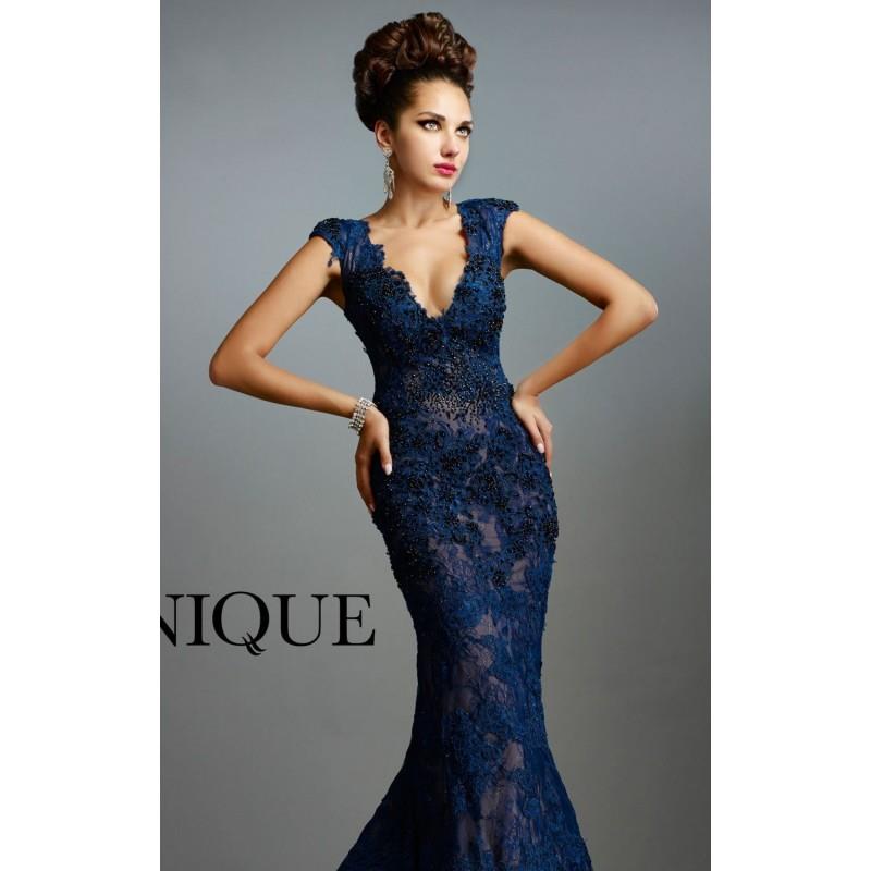 wedding, Navy Beaded Lace Gown by Janique - Color Your Classy Wardrobe