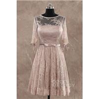 Perfect A-line Illusion Natural Knee Length Lace Half Sleeve Wedding Guest Dress with Ribbons LOZK14