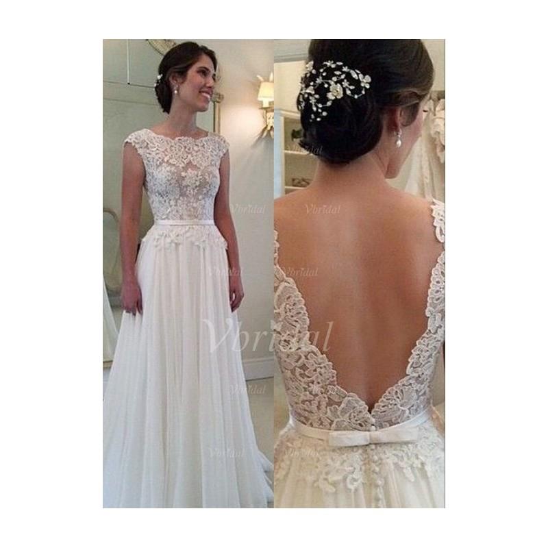 My Stuff, A-Line/Princess Scoop Neck Sweep Train Chiffon Lace Wedding Dress With Appliques Lace - Be