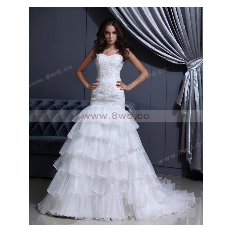 wedding, Trumpet/Mermaid Sweetheart Sleeveless Organza White Wedding Dress With Appliques BUKCH222 I