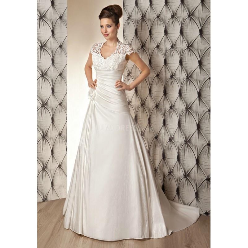 wedding, Retro A line Queen Anne Taffeta & Lace Asymmetric Waist Floor Length Wedding Dresses - Comp