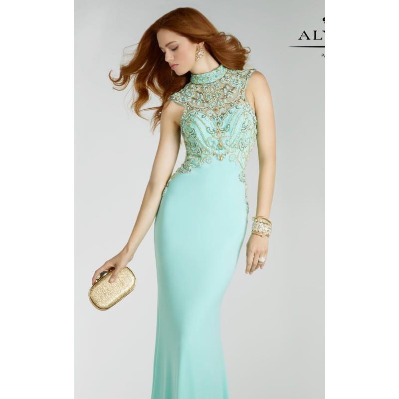 My Stuff, Seabreeze/Gold Beaded Jersey Long Gown by Alyce Prom - Color Your Classy Wardrobe