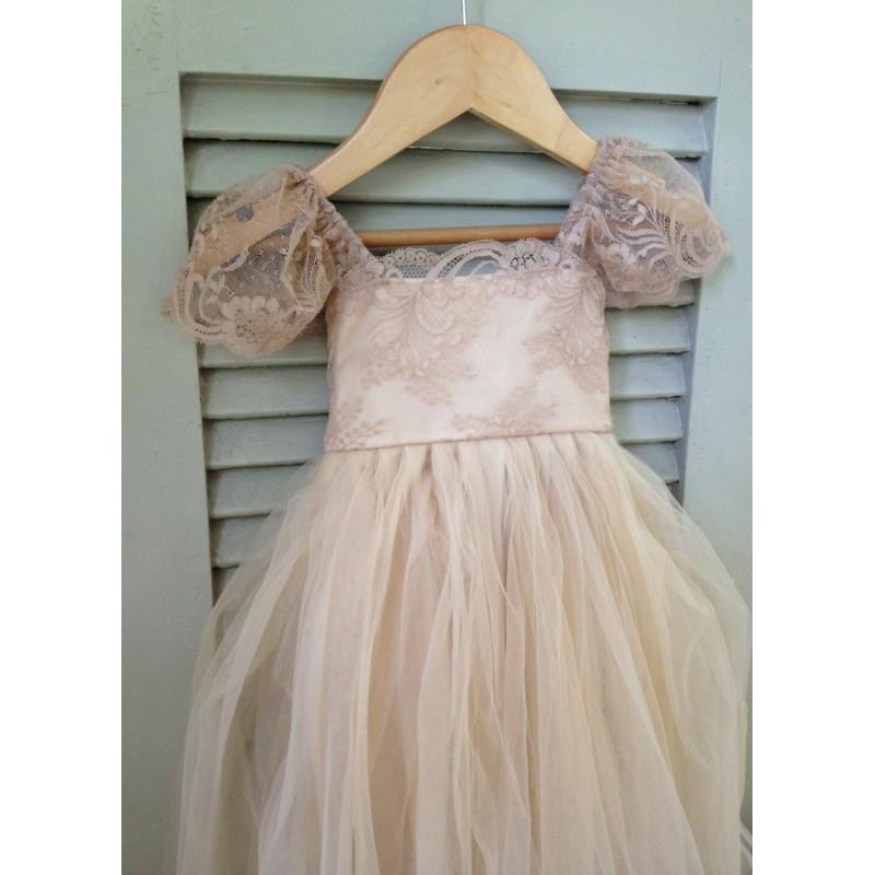 My Stuff, Beige RUE DEL SOL flower girl dress French lace and silk tulle dress for baby girl taupe p