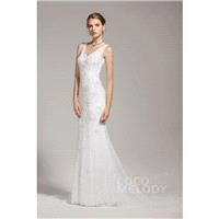 New Design Sheath-Column V-Neck Lace Ivory Sleeveless Wedding Dress with Beading - Top Designer Wedd