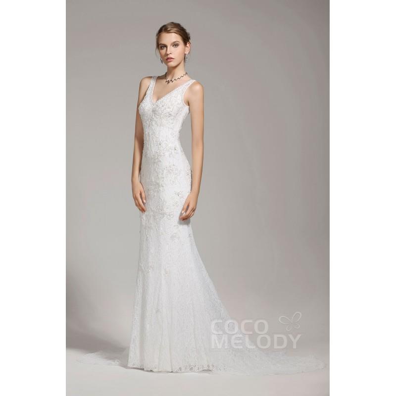 My Stuff, New Design Sheath-Column V-Neck Lace Ivory Sleeveless Wedding Dress with Beading - Top Des