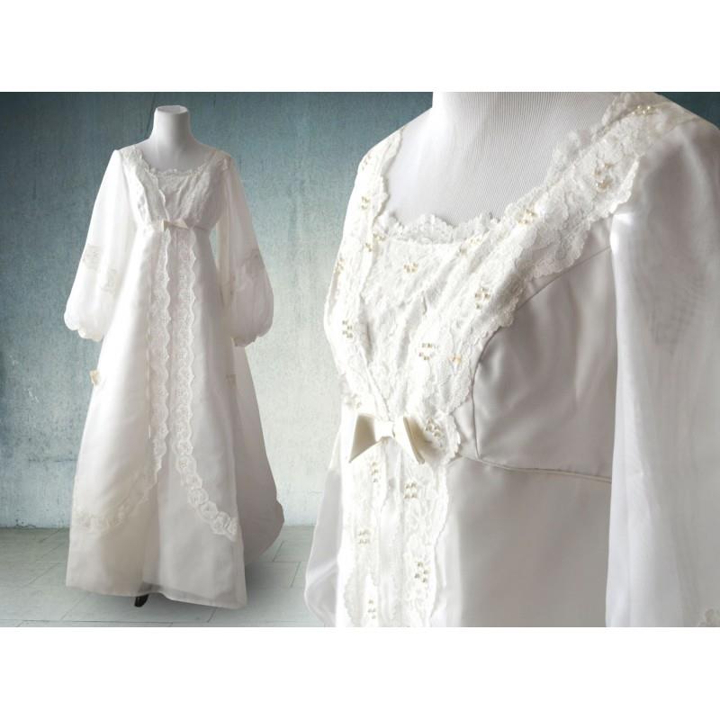 My Stuff, 1960s Boho Wedding Gown White Organza and Lace with Pearls and Long Sleeves - Hand-made Be
