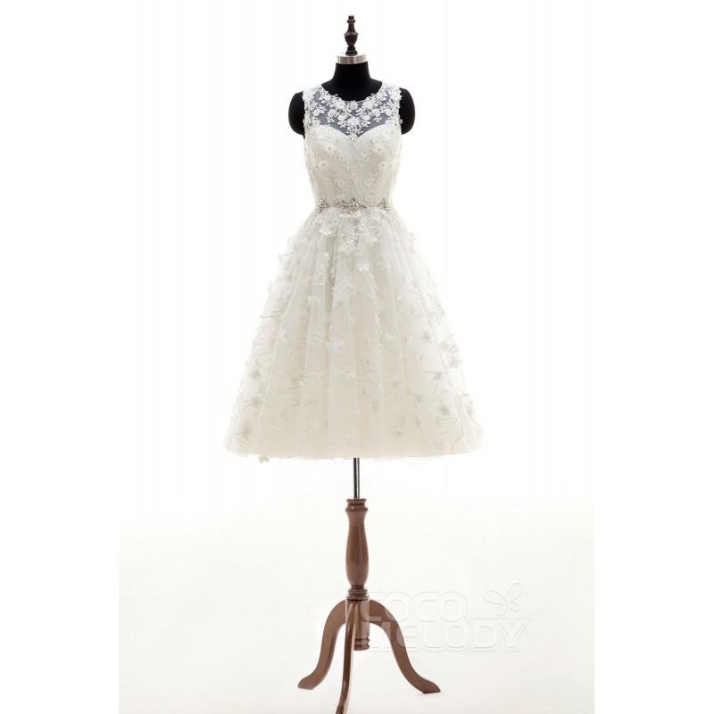 wedding, Charming A-Line Illusion Natural Knee Length Tulle Ivory Sleeveless Zipper With Buttons Wed