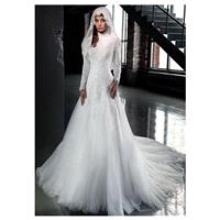 Gorgeous Tulle High Collar Neckline A-line Arabic Islamic Wedding Dresses with Beaded Lace Appliques