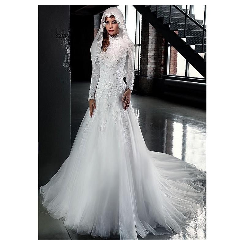 wedding, Gorgeous Tulle High Collar Neckline A-line Arabic Islamic Wedding Dresses with Beaded Lace