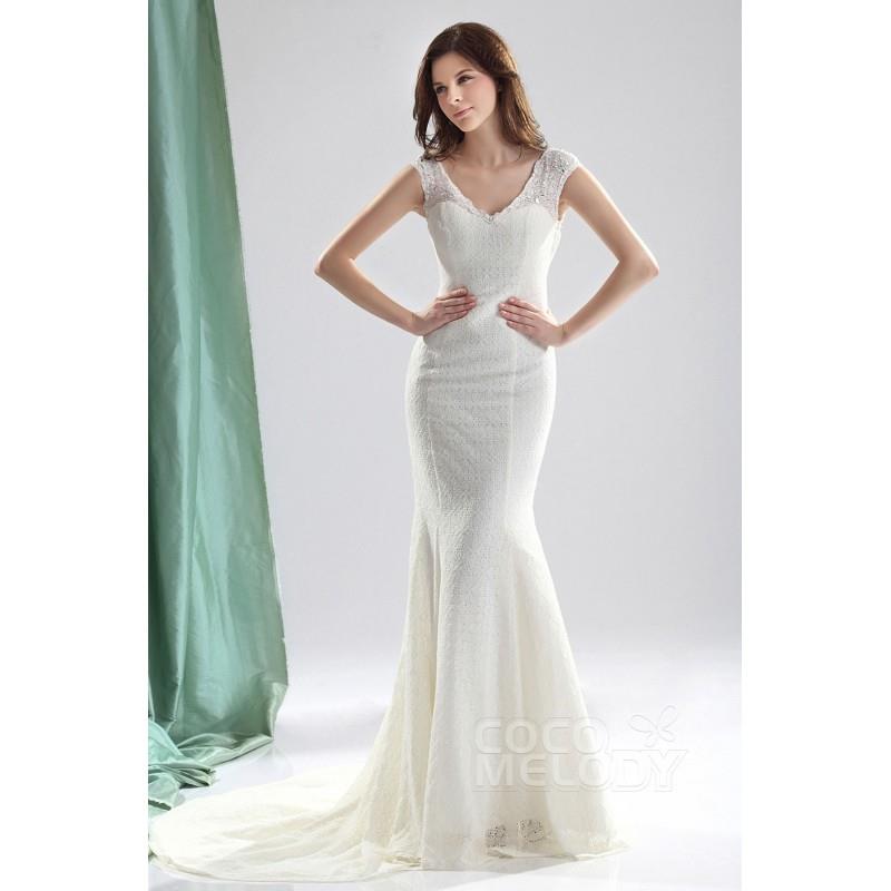 My Stuff, Hot Selling Trumpet-Mermaid V-Neck Court Train Lace Fit and Flare Wedding Dress CWLT13056