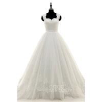 Perfect Queen Anne Court Train Tulle and Lace Ivory Sleeveless Wedding Dress with Appliques and Sash
