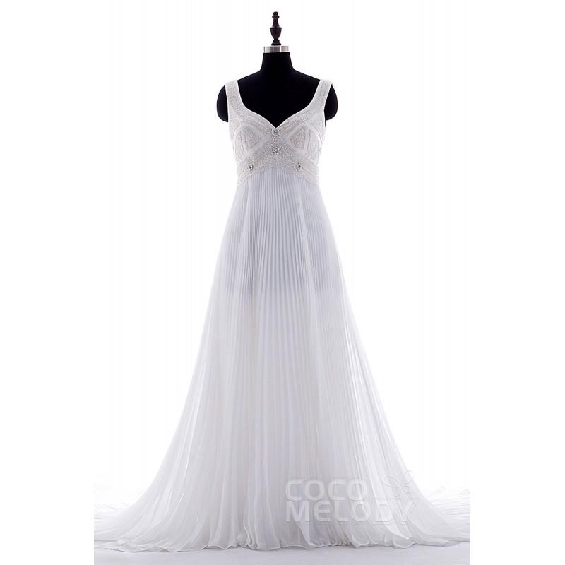 My Stuff, Vintage A-Line Straps Court Train Chiffon White Sleeveless Zipper Wedding Dress Beading -