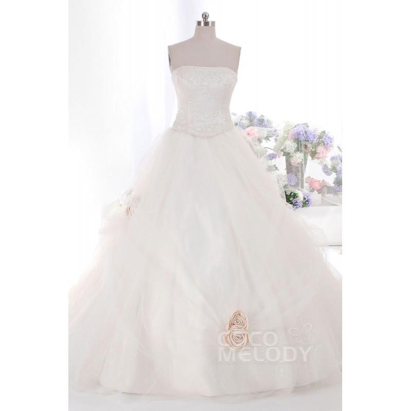 My Stuff, Lovely A-Line Strapless  Train Tulle Ivory Sleeveless Zipper Wedding Dress with Beading an