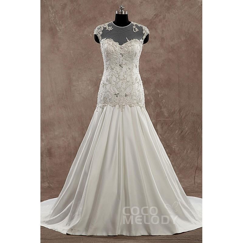 My Stuff, Hot Sale Illusion Dropped Train Satin Ivory Sleeveless Wedding Dress with Beading and Embr
