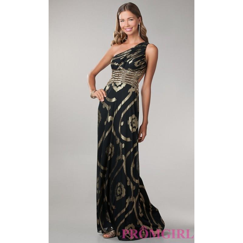 My Stuff, One Shoulder Black Gown with Gold Print - Brand Prom Dresses|Beaded Evening Dresses|Unique