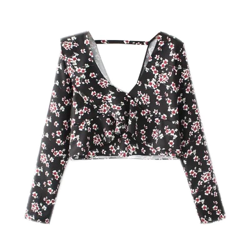 My Stuff, Open Back Printed V-neck Summer Casual Long Sleeves Black Top Blouse - Lafannie Fashion Sh