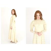 Bohemian Lace Crochet Look Wedding Dress- Long Sleeve, Mermaid Hem, Beachy Hippie Poet Sleeve, Empir