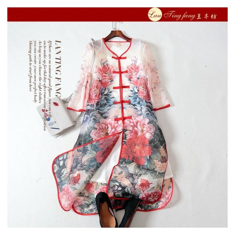 My Stuff, Ethnic Style Plus Size Organza Spring Mid-length Skirt Cardigan Dress - Lafannie Fashion S
