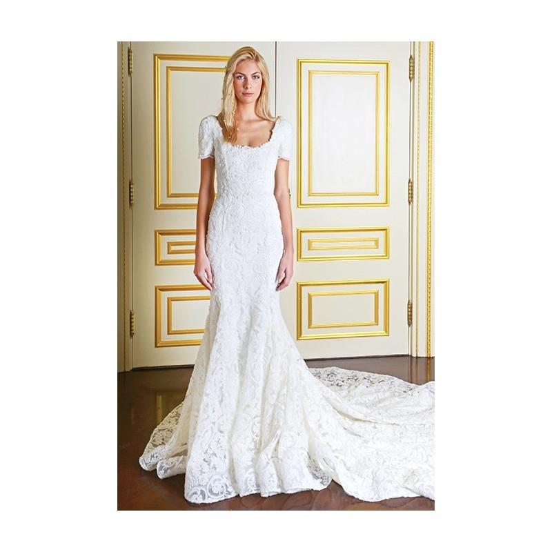 My Stuff, Marchesa - Fall 2015 - Short Sleeve Textured Mermaid Square Neckline Wedding Dress - Stunn