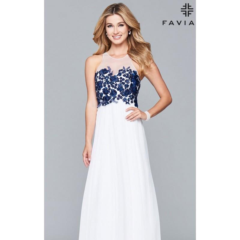 My Stuff, Ivory/Navy Appliqued Chiffon Gown by Faviana - Color Your Classy Wardrobe