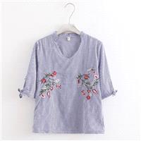 Must-have Oversized Vintage Embroidery V-neck Cotton Stripped Floral Blouse - Lafannie Fashion Shop