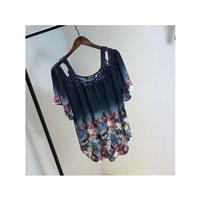 Oversized Split Front Slimming Off-the-Shoulder Sunproof T-shirt Floral Summer Lace Chiffon Top - Di