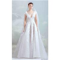 Gemy Maalouf 2019 Sweet Aline V-Neck Cap Sleeves Chapel Train White Lace Appliques Bridal Dress - Ri