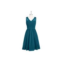 Ink_blue Azazie Heloise - Side Zip Chiffon And Lace Knee Length V Neck Dress - Charming Bridesmaids