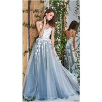 Papilio 2018 Blue Sweet Ball Gown Illusion Sleeveless Chapel Train Covered Button Flowers Tulle Brid