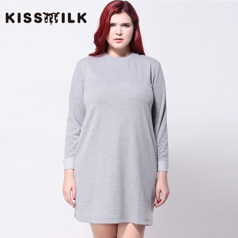 My Stuff, 2017 autumn new style Plus Size Ladies dress pure color loose slim Round neck long-sleeved