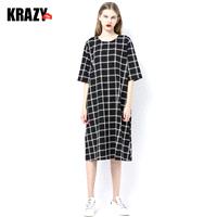 Comfortable cotton loose cut chequered dress with long sleeves in summer 7536 - Bonny YZOZO Boutique