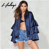 Vogue Split Front Frilled Sleeves Multi Layered Zipper Up One Color Fall Casual Coat - Bonny YZOZO B
