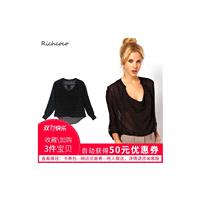 Must-have Oversized Sexy Seen Through V-neck Summer Casual 9/10 Sleeves Black Chiffon Top Top - Bonn
