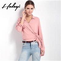 2017 summer new women's clothing career women deep v unique-bound hem long-sleeved short blouse - Bo