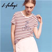 School Style Oversized Printed Scoop Neck Cartoon Casual Short Sleeves Stripped T-shirt Top - Bonny