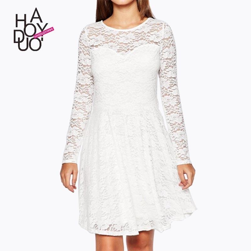 My Stuff, Ladies fall 2017 new stylish sweet lace a length pleated sleeves round neck dress - Bonny