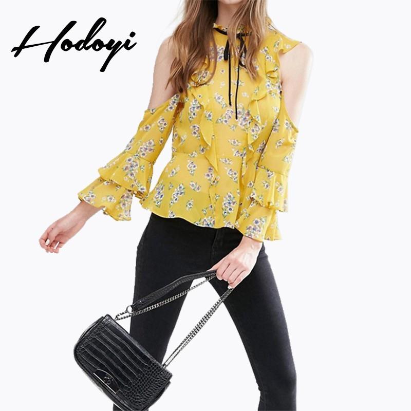 My Stuff, Vogue Sexy Vintage Frilled Sleeves Off-the-Shoulder Multi Layered Floral Fall Tie Blouse -