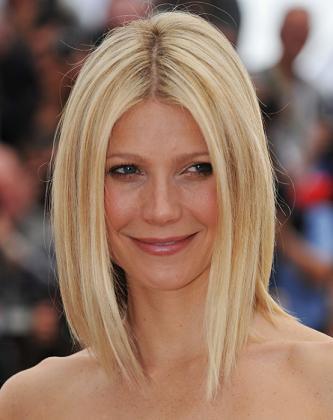Hair by Vidal, Gwyneth's blunt bob is even more striking when paired with a strapless bandeau or swe
